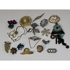 Vintage Deco Rhinestone Faux Pearl Enamel Silver & Gold Brooch Pin Lot 17